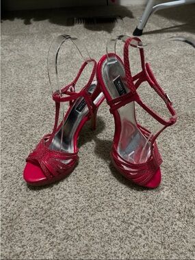 White House Black Market Red Strappy T‑Strap High Heels